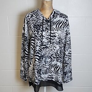 Simply Noelle Tee Shirt Knit Animal Print Hoodie Sheer Detail Trim 12/14 Lg/XL